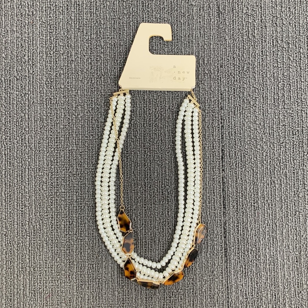 A New Day Statement Necklace Womens Layered Crystal Tortoise Shell & Faux Pearl